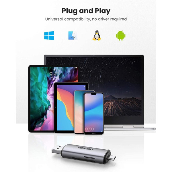 Фото - Кардрідер UGREEN CM185 USB-C + USB to TF/SD 3.0 Card Reader Gray (50706)