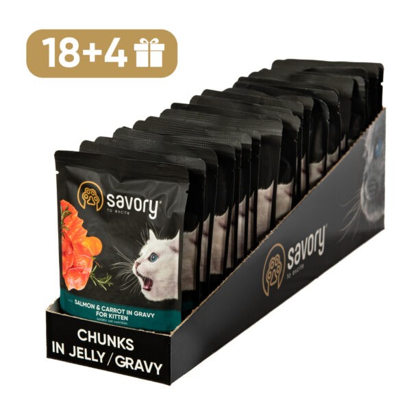 Фото - Набор влажного корма для кошек Savory Cat Pouch for Kitten with Salmon and Carrot in Gravy 85 г, 18+4 шт. (2700000029312)