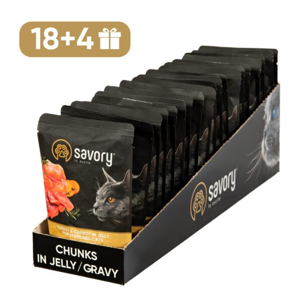 Фото - Набор влажного корма для кошек Savory Cat Pouch for Sterilised with Turkey and Carrot in Jelly 85 г, 18+4 шт. (2700000029343)