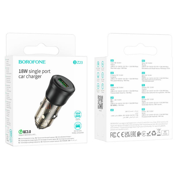 Фото - Автомобільний зарядний пристрій BOROFONE BZ23 Noble single-port QC3.0 car charger Transparent Black (6941991106903)