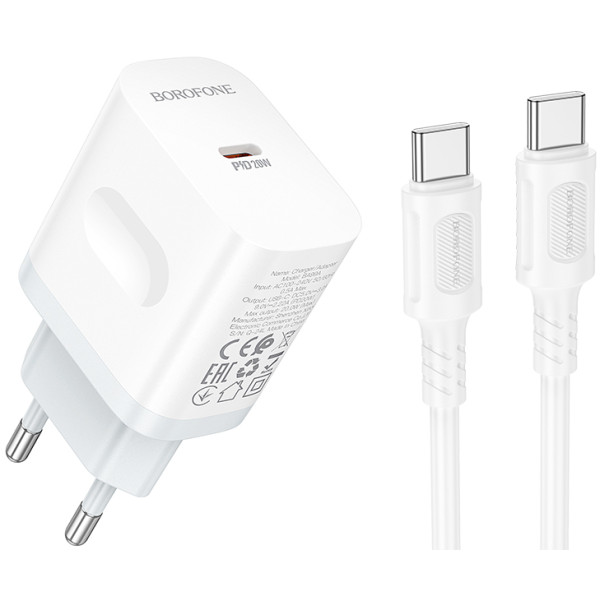 Фото - Мережевий зарядний пристрій BOROFONE BA99A Breeze single port PD20W charger set(C to C) White (6941991121371)