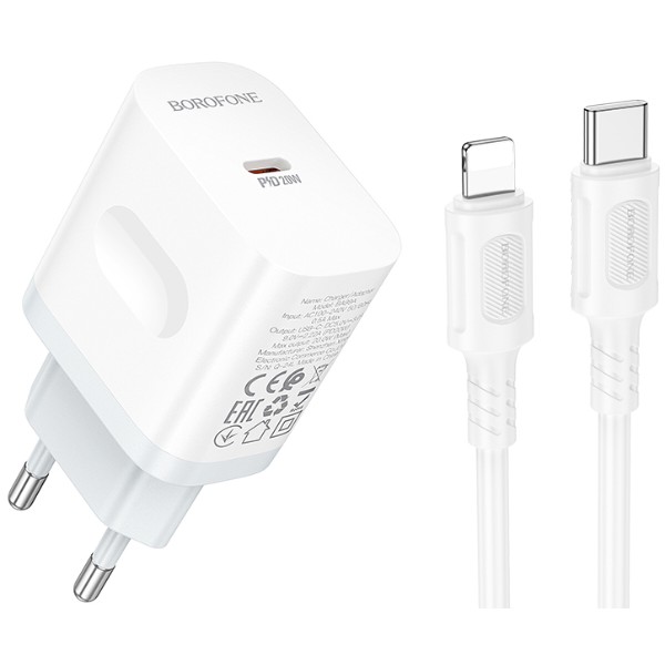 Фото - Мережевий зарядний пристрій BOROFONE BA99A Breeze single port PD20W charger set(C to iP) White (6941991121364)