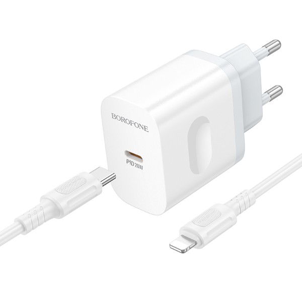 Фото - Мережевий зарядний пристрій BOROFONE BA99A Breeze single port PD20W charger set(C to iP) White (6941991121364)