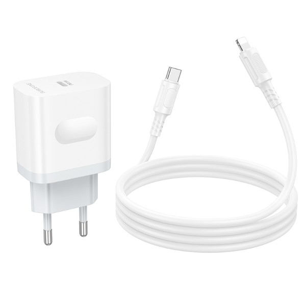 Фото - Мережевий зарядний пристрій BOROFONE BA99A Breeze single port PD20W charger set(C to iP) White (6941991121364)