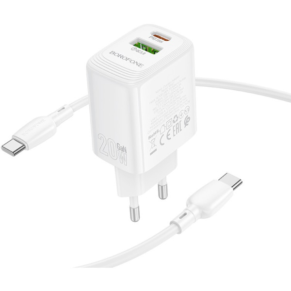 Фото - Мережевий зарядний пристрій BOROFONE BN27 Fuente PD20W+QC3.0 charger set C to C EU White (6941991120282)