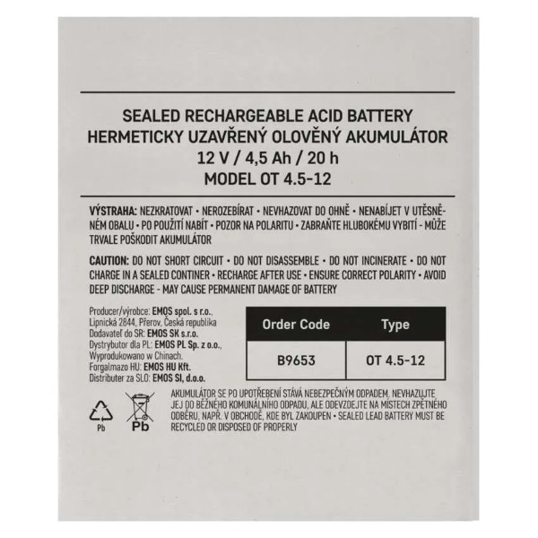 Фото - Аккумулятор для ДБЖ EMOS B9653, AGM, 12V, 4.5Ah, fast 4,7mm