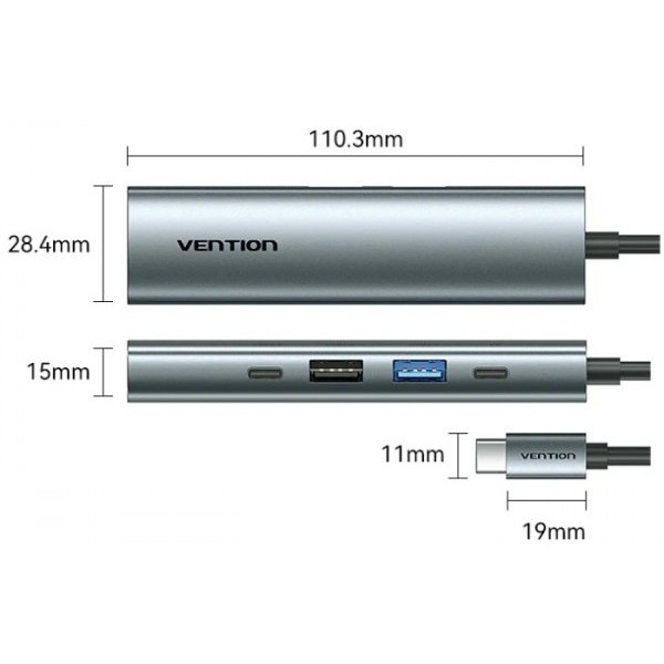 Фото - Хаб USB Vention USB3.0 Type-C HDMI /USB 3.0/USB 2.0/Type-C 2.0/ PD 100W (TGLHB)