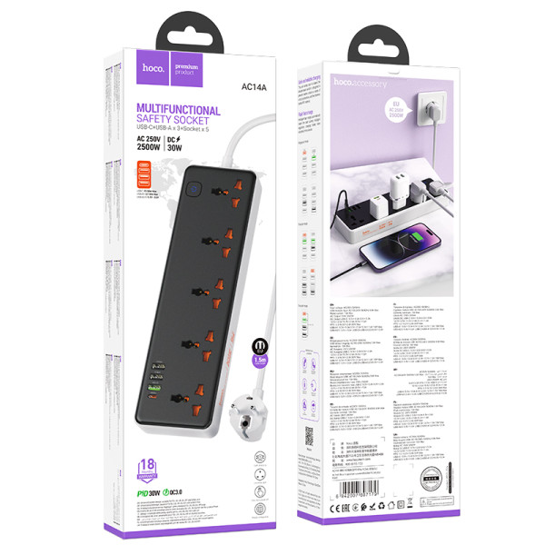 Фото - Мережевий фільтр HOCO AC14A Rico 5-position socket PD30W/1C3A Black (6942007607179)