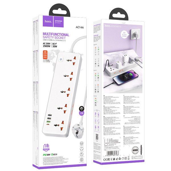 Фото - Мережевий фільтр HOCO AC14A Rico 5-position socket PD30W/1C3A White (6942007607186)