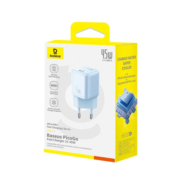 Фото - Сетевое зарядное устройство Baseus PicoGo GaN Fast Charger 1C 45W EU Galaxy Blue (P10176800313-00)