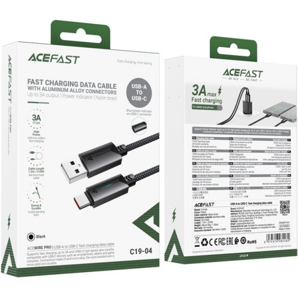 Фото - Кабель AceFast USB 2.0 AM-Type-C M, 1.2 м, 60W C19-04 Black (6974316284482)