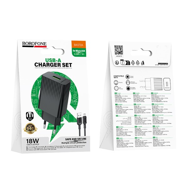 Фото - Мережевий зарядний пристрій BOROFONE BAS72A Source single port QC3.0 charger set(Micro) Black (6941991122651)