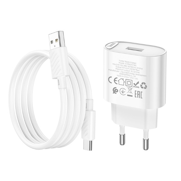 Фото - Мережевий зарядний пристрій HOCO C109A(10.5W) Fighter single port charger set(Type-C) White (6942007656610)
