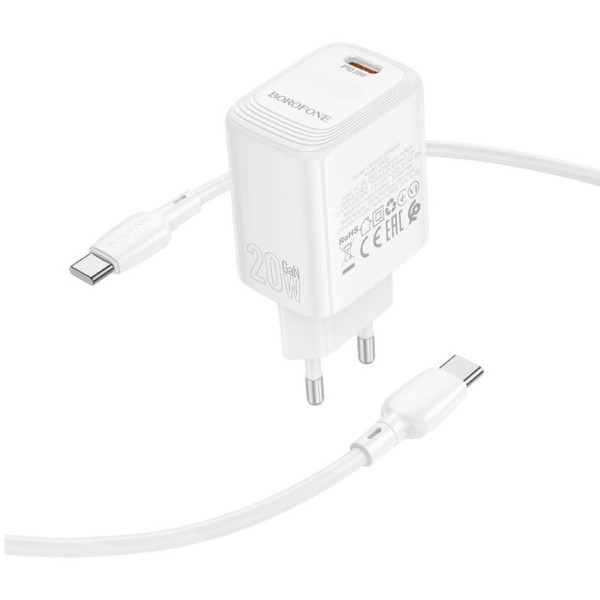 Фото - Мережевий зарядний пристрій BOROFONE BN26 Fuente single-port PD20W charger set C to C EU White (6941991120251)