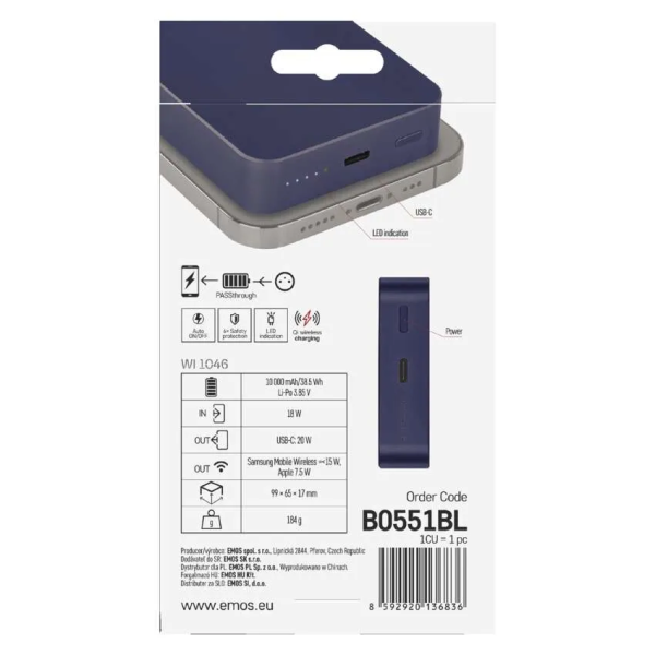 Фото - Батарея мобильная EMOS B0551BL WI1046 20W/10000mAh, синий, PD20W