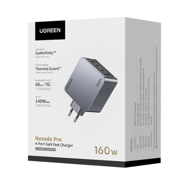 Фото - Мережевий зарядний пристрій UGREEN X763 4xUSB 160W (3xUSB-C + USB-A) Gan Nexode Pro Grey (25877)