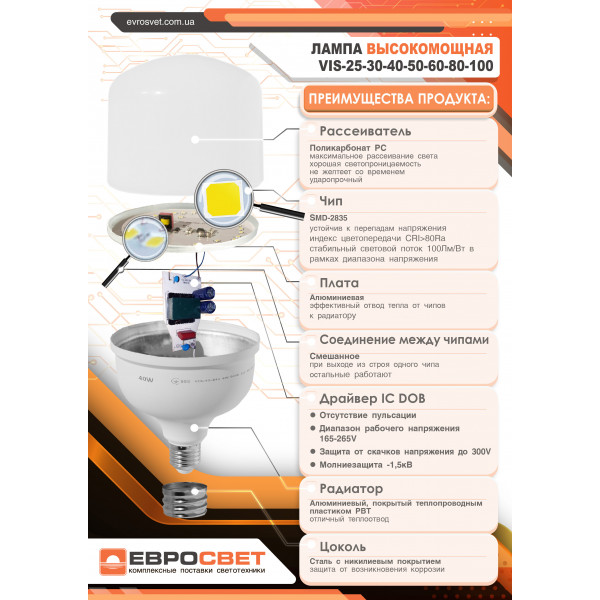 Фото - Лампочка светодиодная Євросвітло 40Вт 6400К VIS-40-E27 (000040890)