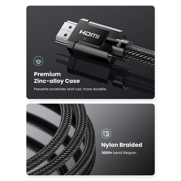 Фото - Кабель HDMI UGREEN HD135 HDMI to HDMI 2 m v2.1 8K-60Hz/4K-120Hz Braided Gray (70321)