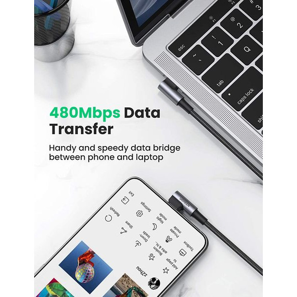 Фото - Кабель синхронізації даних UGREEN US323 Type-C-Type-C Both Angled 3A Cable 1 m Gray\Black (70529)