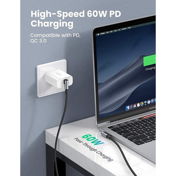 Фото - Кабель синхронізації даних UGREEN US323 Type-C-Type-C Both Angled 3A Cable 1 m Gray\Black (70529)