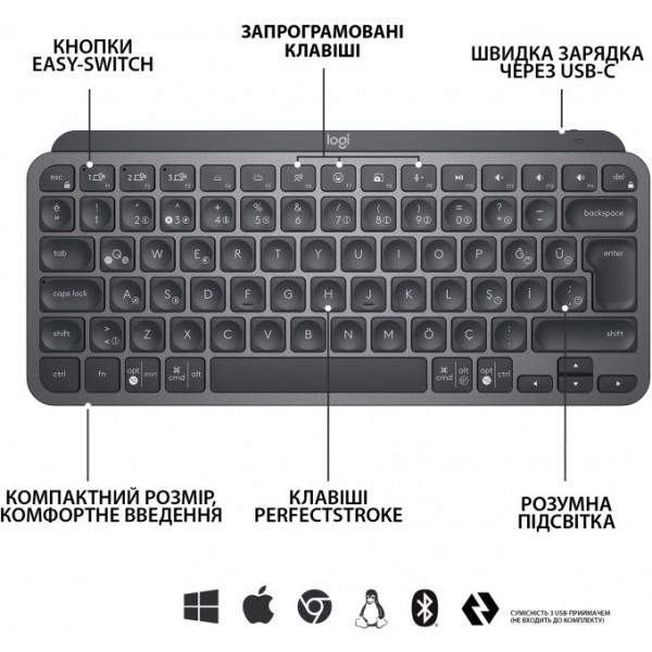 Фото - Клавіатура бездротова Logitech MX Keys Mini Wireless Illuminated UA Graphite (920-010498)