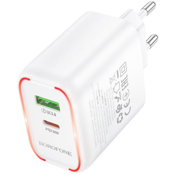 Фото - Мережевий зарядний пристрій BOROFONE BA89A Destello PD30W+QC3.0 charger (EU) White (6941991119361)