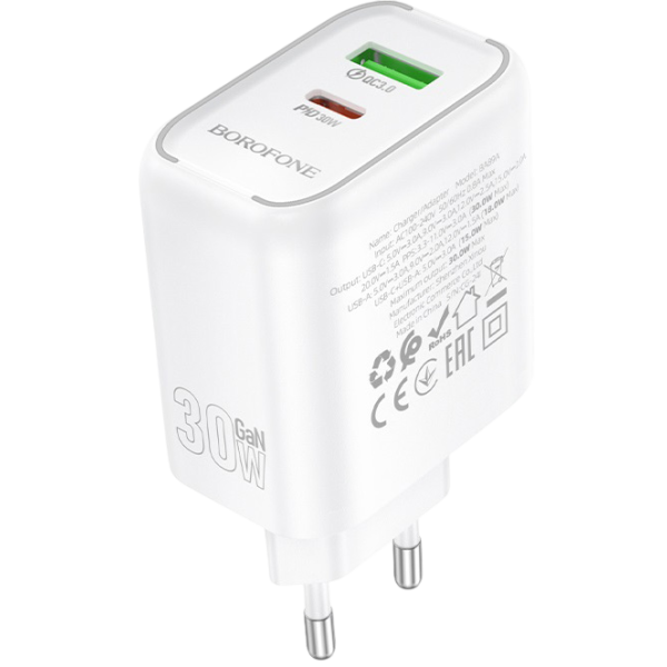Фото - Мережевий зарядний пристрій BOROFONE BA89A Destello PD30W+QC3.0 charger (EU) White (6941991119361)