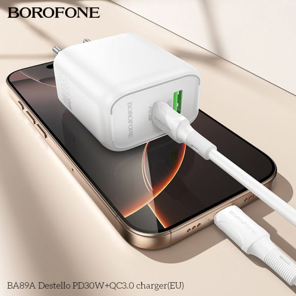 Фото - Мережевий зарядний пристрій BOROFONE BA89A Destello PD30W+QC3.0 charger (EU) White (6941991119361)