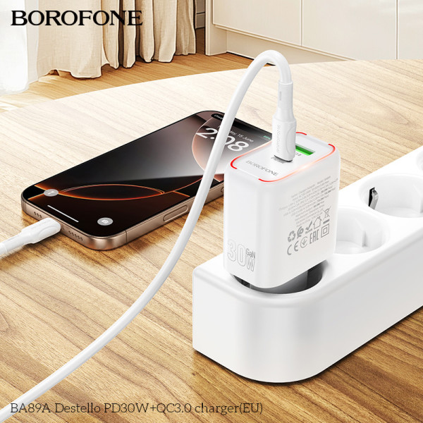 Фото - Мережевий зарядний пристрій BOROFONE BA89A Destello PD30W+QC3.0 charger (EU) White (6941991119361)