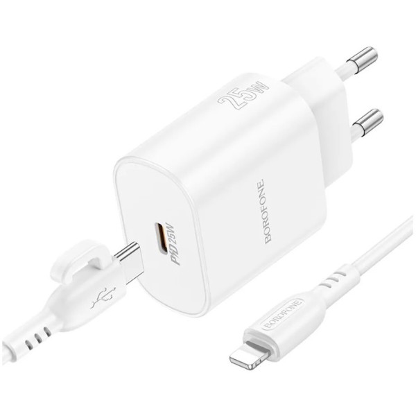 Фото - Сетевое зарядное устройство BOROFONE BA82A Platinum single port PD25W charger set C to iP EU White (6941991112263)