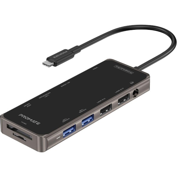 Фото - Хаб USB Promate Primehub-pro HDMI, RJ45, USB 3.0, USB 2.0, Кардридер, USB Type-C, VGA Grey