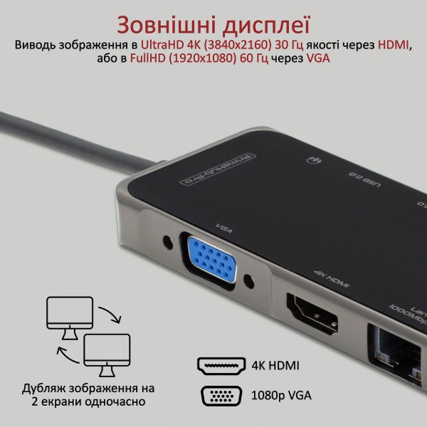 Фото - Хаб USB Promate Primehub-pro HDMI, RJ45, USB 3.0, USB 2.0, Кардридер, USB Type-C, VGA Grey