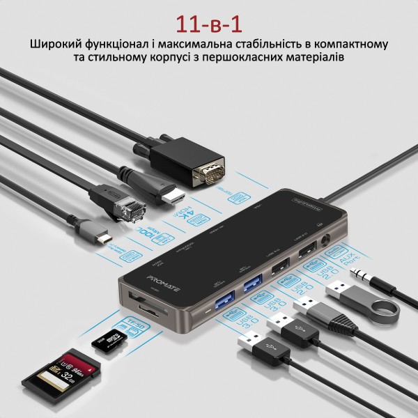 Фото - Хаб USB Promate Primehub-pro HDMI, RJ45, USB 3.0, USB 2.0, Кардридер, USB Type-C, VGA Grey