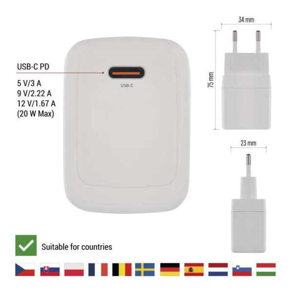 Фото - Мережевий зарядний пристрій EMOS V01G20 1xUSB-C 20W 220V PD (V01G20)