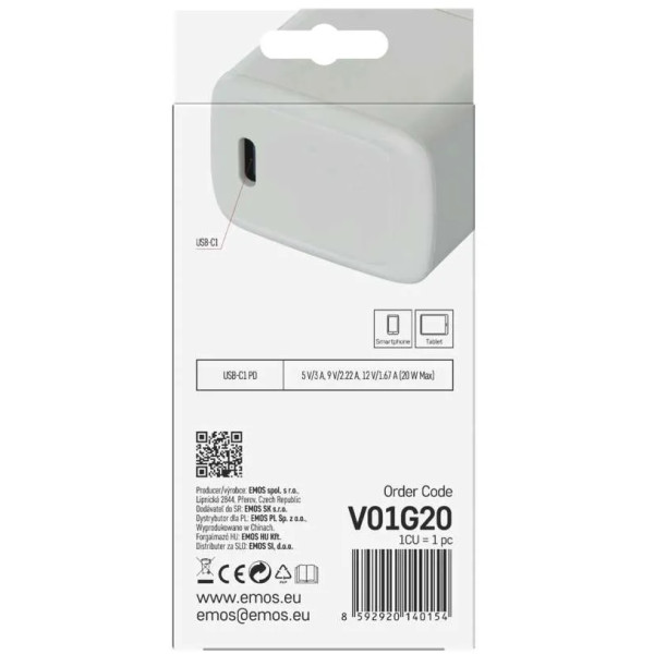 Фото - Мережевий зарядний пристрій EMOS V01G20 1xUSB-C 20W 220V PD (V01G20)