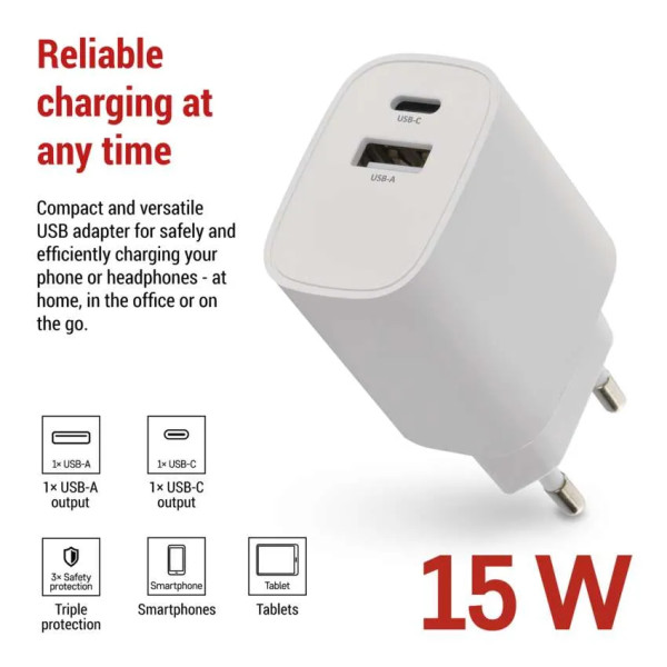 Фото - Мережевий зарядний пристрій EMOS V02B15 1xUSB-A, 1xUSB-C 15W 220V (V02B15)