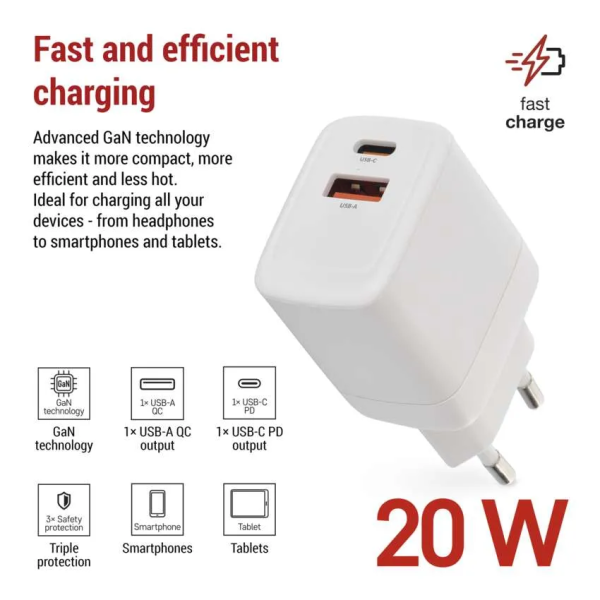 Фото - Мережевий зарядний пристрій EMOS Універсальний USB GAN V02G20 1xUSB-A, 1xUB-C 20W 220V PD