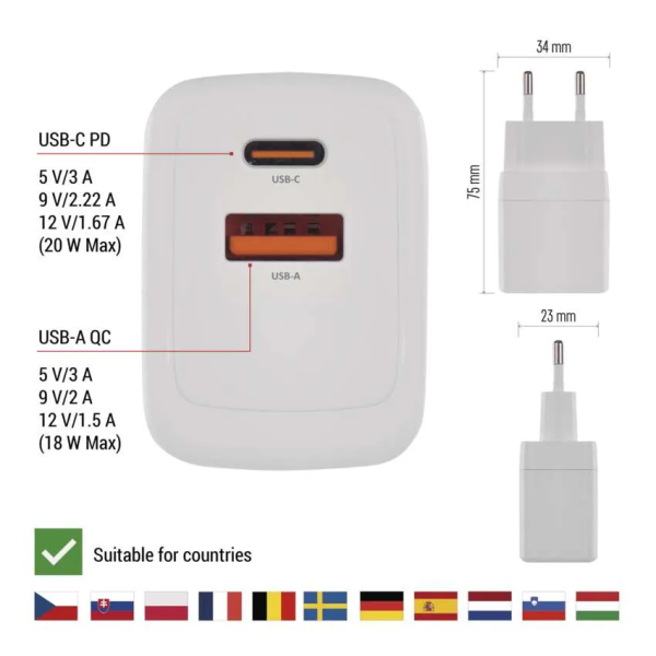 Фото - Мережевий зарядний пристрій EMOS Універсальний USB GAN V02G20 1xUSB-A, 1xUB-C 20W 220V PD