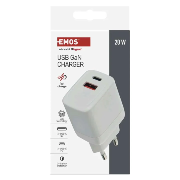 Фото - Мережевий зарядний пристрій EMOS Універсальний USB GAN V02G20 1xUSB-A, 1xUB-C 20W 220V PD
