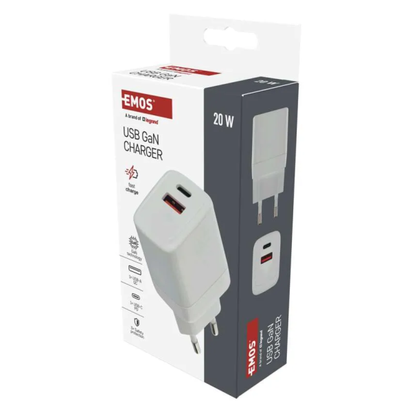 Фото - Мережевий зарядний пристрій EMOS Універсальний USB GAN V02G20 1xUSB-A, 1xUB-C 20W 220V PD