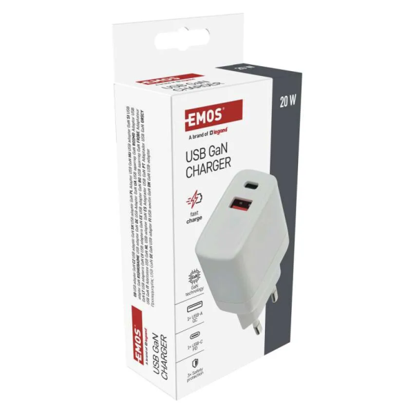 Фото - Мережевий зарядний пристрій EMOS Універсальний USB GAN V02G20 1xUSB-A, 1xUB-C 20W 220V PD