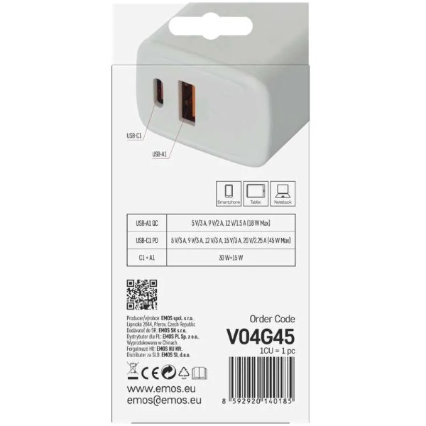Фото - Сетевое зарядное устройство EMOS V04G45 1xUSB-A, 1xUB-C 20W 220V PD (V04G45)