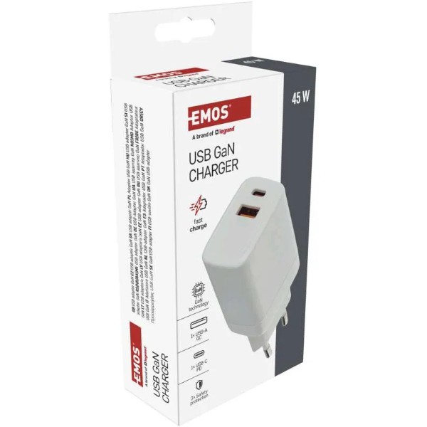 Фото - Сетевое зарядное устройство EMOS V04G45 1xUSB-A, 1xUB-C 20W 220V PD (V04G45)