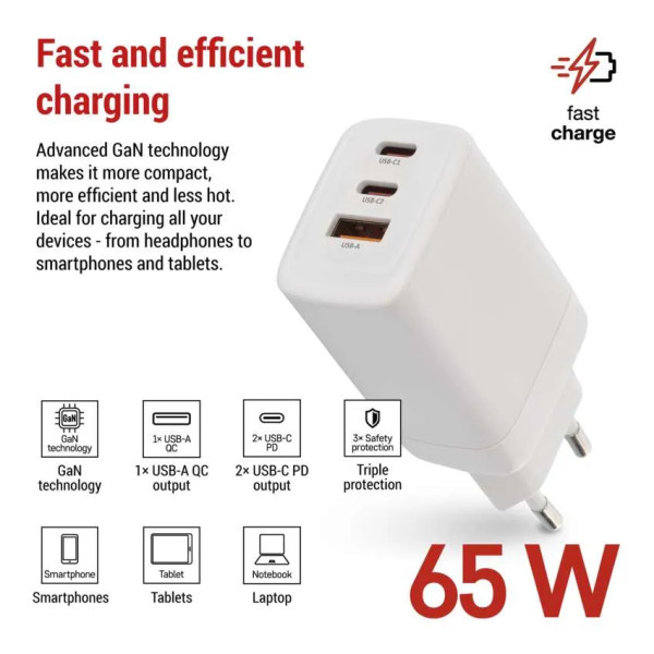 Фото - Мережевий зарядний пристрій EMOS V05G65 1xUSB-A, 2xUB-C 65W 220V PD (V05G65)