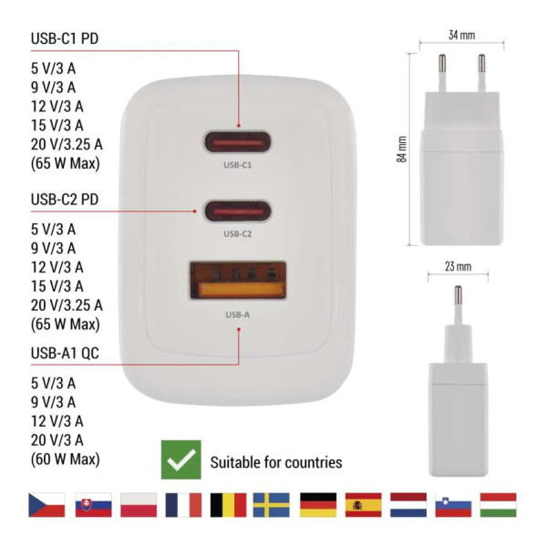 Фото - Мережевий зарядний пристрій EMOS V05G65 1xUSB-A, 2xUB-C 65W 220V PD (V05G65)