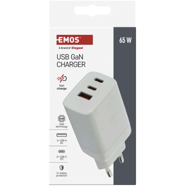 Фото - Мережевий зарядний пристрій EMOS V05G65 1xUSB-A, 2xUB-C 65W 220V PD (V05G65)