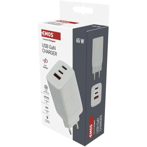 Фото - Мережевий зарядний пристрій EMOS V05G65 1xUSB-A, 2xUB-C 65W 220V PD (V05G65)