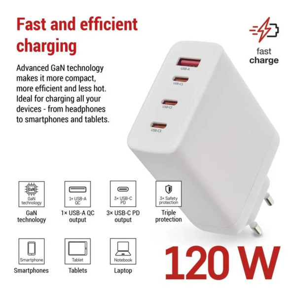 Фото - Мережевий зарядний пристрій EMOS V06G120 1xUSB-A, 3xUB-C 120W 220V PD (V06G120)