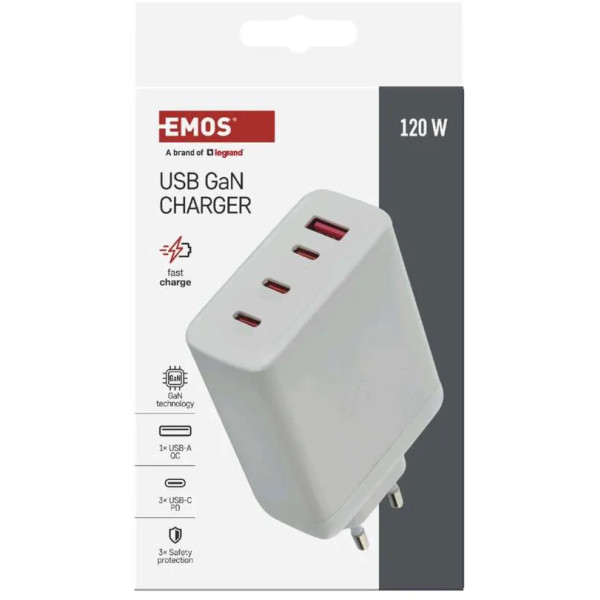 Фото - Мережевий зарядний пристрій EMOS V06G120 1xUSB-A, 3xUB-C 120W 220V PD (V06G120)