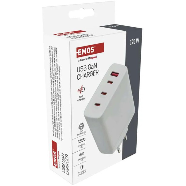 Фото - Мережевий зарядний пристрій EMOS V06G120 1xUSB-A, 3xUB-C 120W 220V PD (V06G120)